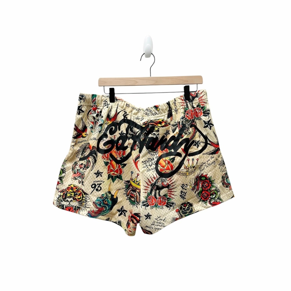 Ed Hardy Tattoo Print Mesh Shorts Men's XL Drawstring Elastic Waist